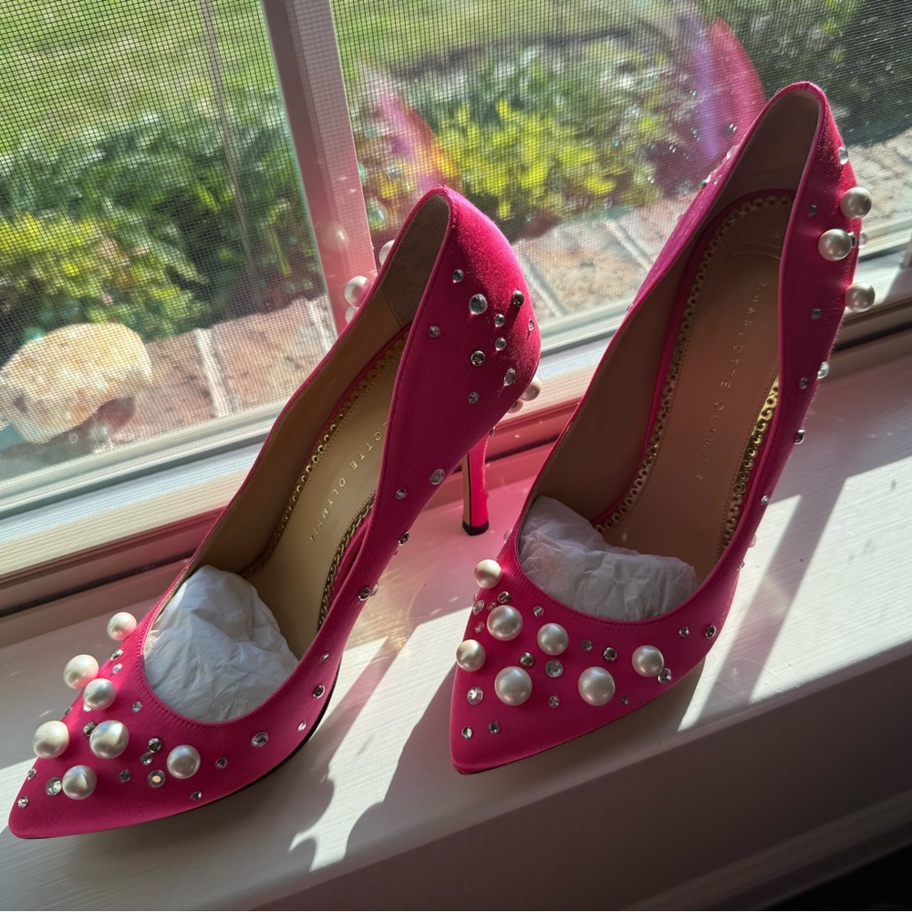 Charlotte Olympia PRECIOUS BACALL Satin Hot Pink Pearl 39.5